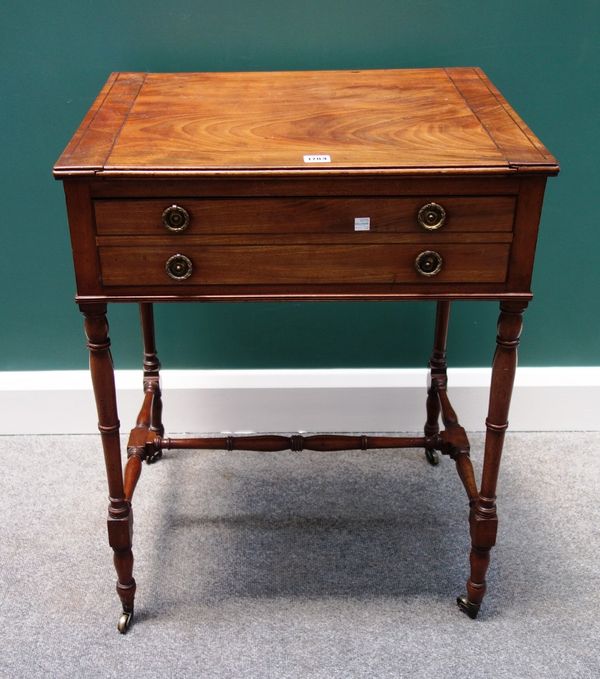 A George III mahogany side/games table, the chessboard inlaid reversible top over single frieze drawer, on turned supports, 61cm wide.    Item 20