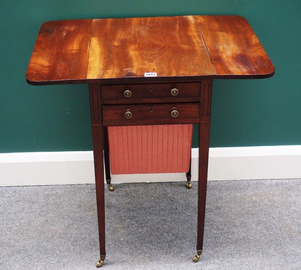 A Regency mahogany drop flap work table, with single frieze drawer and a pull-out wool box, on tapering square supports, 45cm wide.