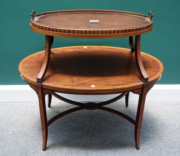 A 19th century satinwood banded mahogany oval two tier etagere, with lift-off tray upper section, 89cm wide.