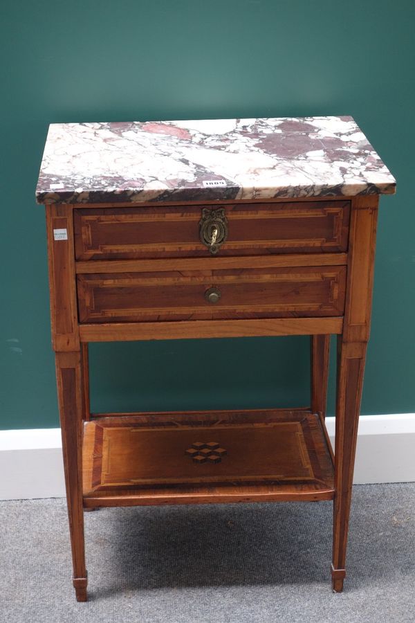 A 19th century French side table with rectangular marble top on a fruitwood base of two drawers, raised on tapering square supports, united by platfor