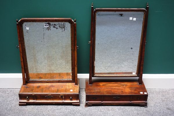 A mid 18th century parcel gilt figured walnut toilet mirror with a three cushion drawer base and ogee bracket feet, 49cm wide, together with a similar