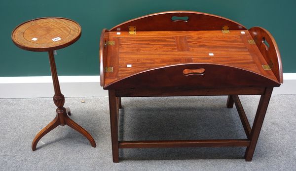 A late 19th century marquetry inlaid satinwood tripod table, stamped 5551, together with a George III style drop side butler's tray and stand, 74cm wi