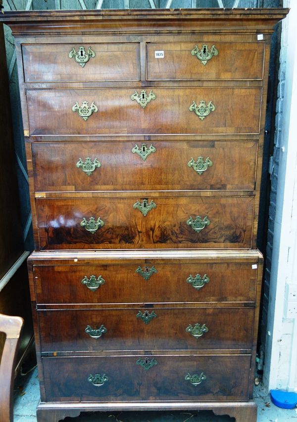 A mid 18th century walnut chest on chest, of two short over six long graduated drawers, on bracket feet, 101cm wide x 178cm high.