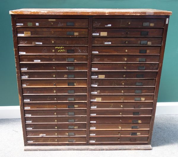 An early 20th century stained beech and mahogany collector's chest, with two banks of sixteen drawers, 111cm wide x 116cm high.Provenance; Ex lot 400,