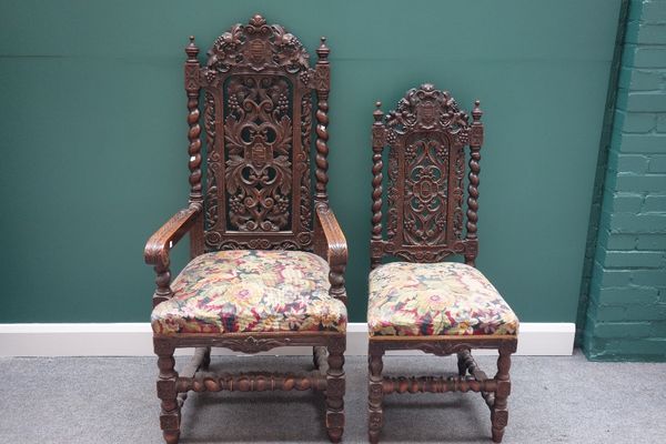 A set of seven Victorian carved oak dining chairs, of 17th century design, to include one carver, together with a similar single chair, (8).