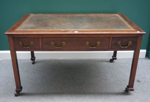 An 18th century style mahogany centre writing table, with three frieze drawers and matching opposing, on square supports, 136cm wide.