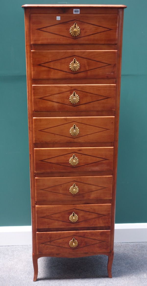 An early French cherry wood tall chest of eight drawers, on slender cabriole supports, 54cm wide x 162cm high.