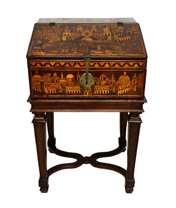 A 19th century and earlier Alpine marquetry inlaid walnut and fruitwood bureau, decorated to the fall with townscape scenes, on later stand, 67cm wide