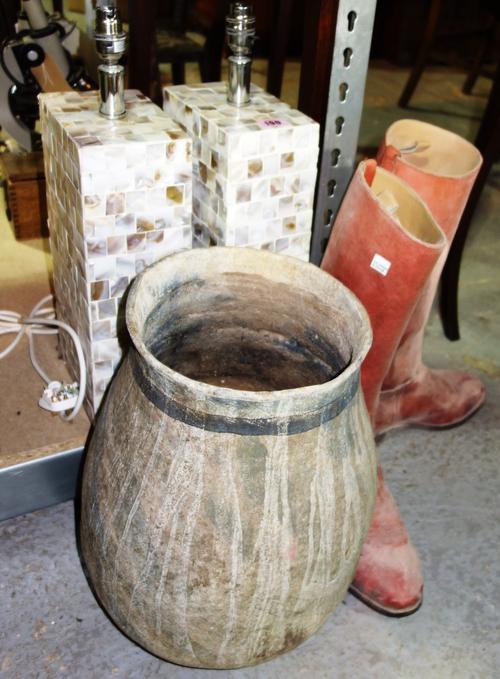 A pair of 20th century mother of pearl lamp bases, a pottery vase and a pair of red riding boots.