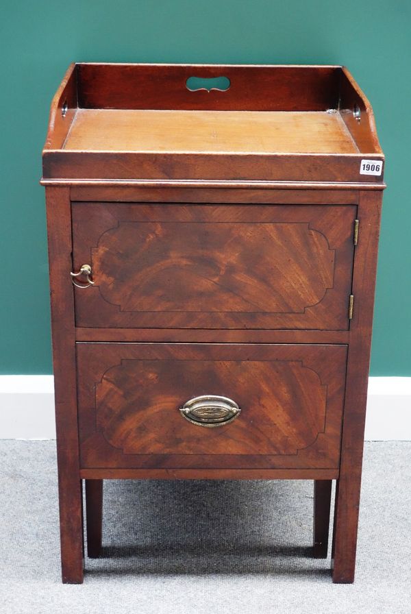 A George III mahogany night stand, the three quarter galleried top over cupboard and pull out box, 52cm wide.