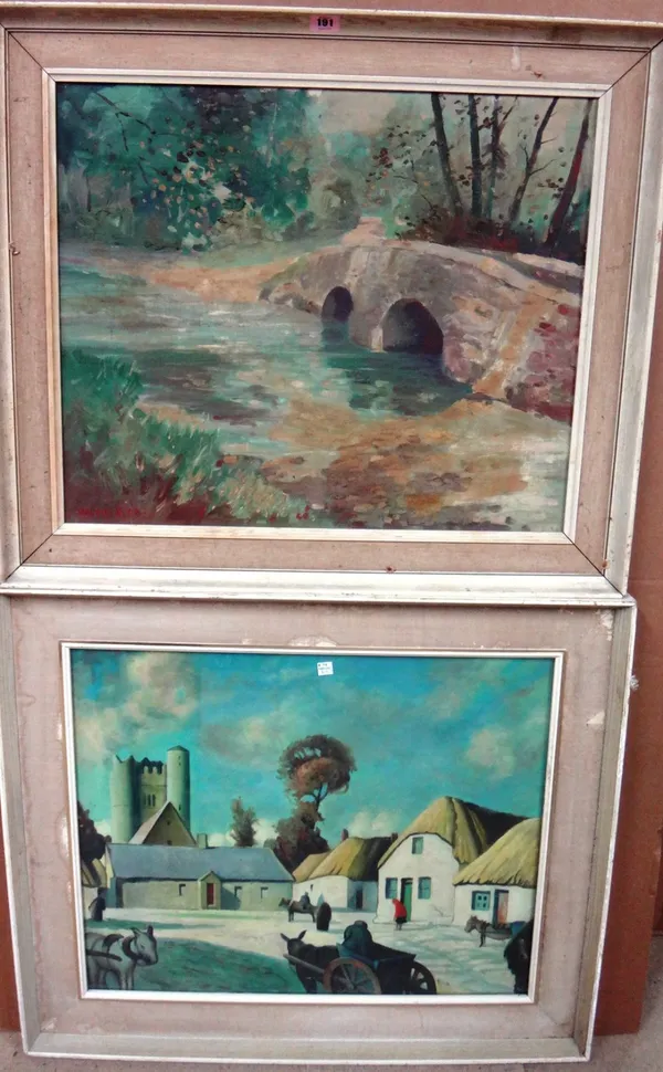 Marcus Ford (1914-1989), Bridge scene, possibly the Packhorse Bridge in Dunster, oil on canvas, signed; together with an oil village scene by another