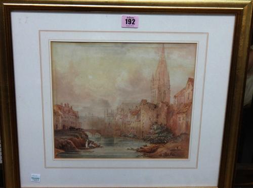 Follower of Samuel Prout, Washerwomen by a river, a town beyond, watercolour and ink.