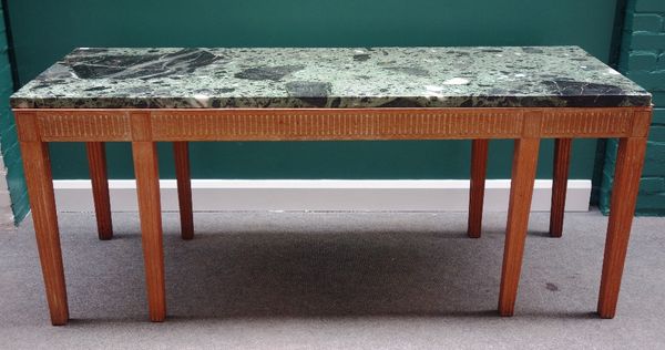 A 20th century serving table, the rectangular marble top with fluted frieze and tapering square supports, 190cm wide.