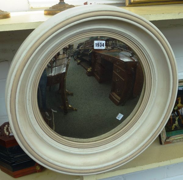 A set of four Regency design, white painted circular convex wall mirrors, each 50cm wide, (4)