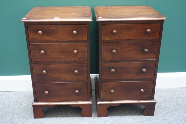 A pair of mahogany four drawer bedside tables, of 18th century design, on bracket feet, 44cm wide.