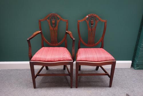 A set of six 19th century mahogany framed shield back dining chairs, with serpentine seat on channelled tapering square supports, including one carver
