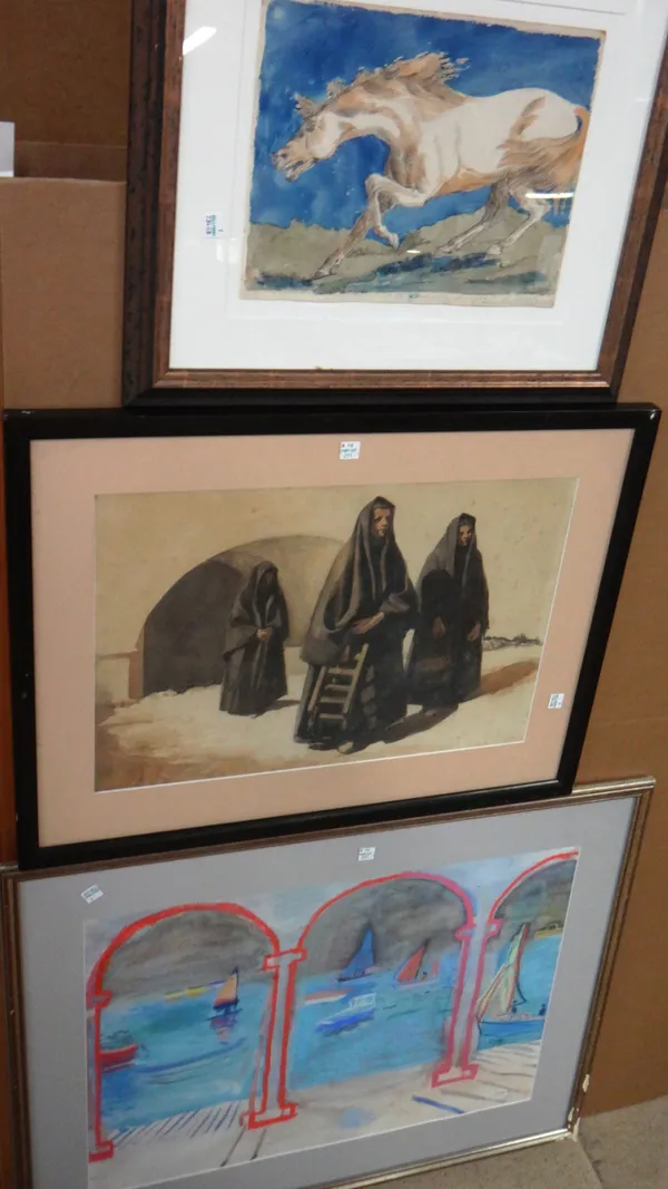 A group of three 20th century pictures, including a study of a horse, a pastel harbour scene and a watercolour of religious figures.(3)