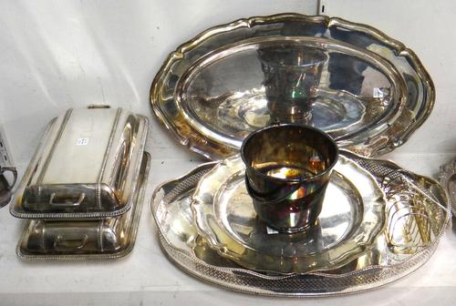 Plated wares, comprising; an oval twin handled gallery tray, an oval serving dish, a shaped circular plate, a pair of rectangular twin handled lidded