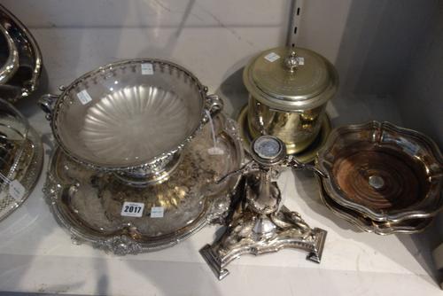 Mostly 19th century plated wares, comprising; a shaped circular salver, raised on four pierced feet, a twin handled fruit bowl, having a frosted glass