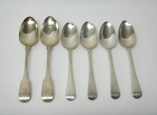 Four silver Old English pattern tablespoons, initial engraved, London 1809 and a pair of silver fiddle pattern tablespoons, initial engraved London 18