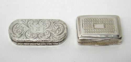 A Victorian silver curved rectangular vinaigrette, with scroll engraved decoration, gilt within by N. Mills, Birmingham 1840 and a George IV silver re