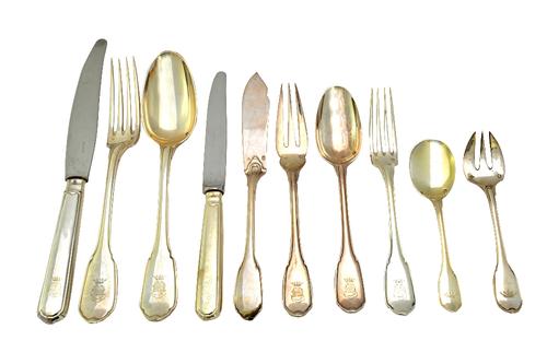 A mostly French stylized fiddle and thread pattern part table service and further flatware, comprising; a pair of fish servers, a pair of salad server