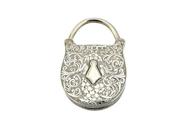 A Victorian silver vesta case, designed as a padlock, having floral, foliate and scroll engraved decoration, Birmingham 1888, gross weight 31 gms.  Il
