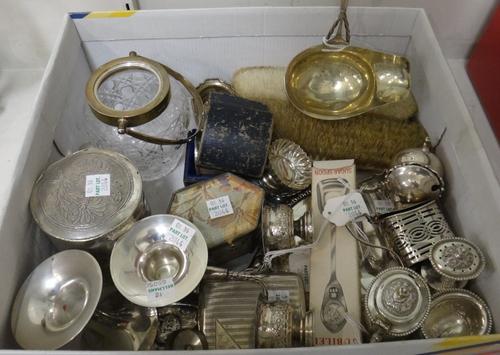 Silver and silver mounted wares, comprising; a faceted glass preserve jar, having a swingover handle and cover, Sheffield 1913, two mustard pots, a sa