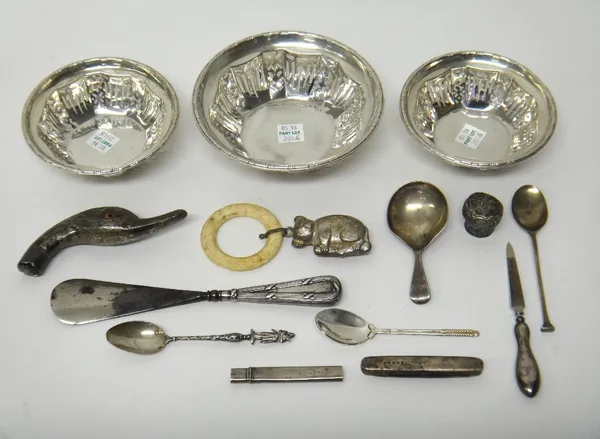 Three similar silver bonbon dishes, comprising; one larger, Sheffield 1923 and two smaller dishes, Sheffield 1923 and 1924, a George III tea caddy spo