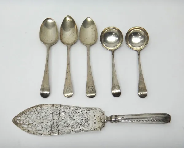 George III silver, comprising; a pair of Old English pattern sauce ladles, London 1795, a pair of Old English pattern tablespoons, London 1803, anothe