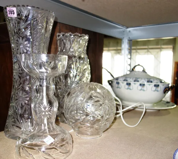 A group of cut glass, including a pair of vases, a table lamp and a ceramic soup tureen, (qty).
