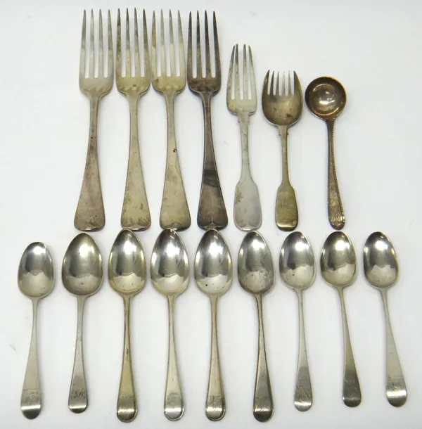 Silver table flatware, comprising; four Old English pattern table forks, crest engraved, London 1808, four thread edged Old English pattern teaspoons,