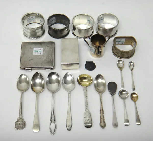 Silver, comprising; a pair of napkin rings, three further napkin rings, five teaspoons, five condiment spoons, a lady's square powder compact, a small