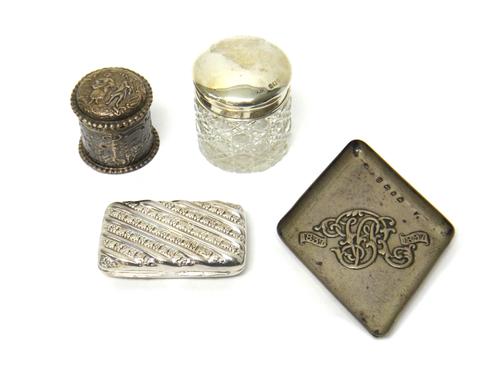 Silver and silver mounted wares, comprising; a Victorian diamond shaped trinket dish, commemorating The Diamond Jubilee 1837-1897, Birmingham 1896, a