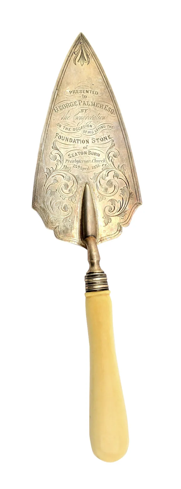 A Victorian silver presentation masonary trowel, detailed Presented to George Palmer Esq, by the congregation on the occasional of his laying the foun