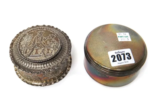 A George III silver cylindrical box, with a detachable cover, undecorated, London 1817 and a Victorian silver circular box, with a detachable cover, h
