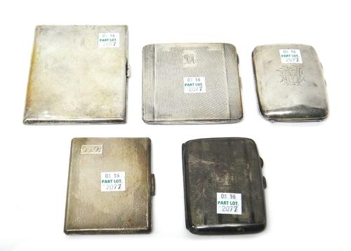 A silver rectangular plain cigarette case, Birmingham 1929 and four further silver rectangular cigarette cases, combined gross weight 462 gms, (5).