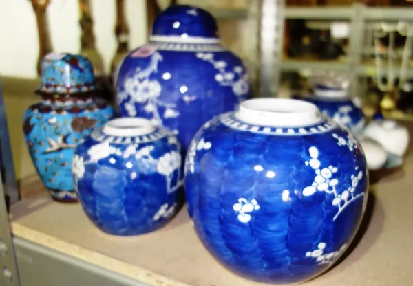 A group of ceramics, mainly Oriental, comprising; a quantity of blue and white ginger jars, a pair cloisonne decorated lidded vases and sundry, (qty).