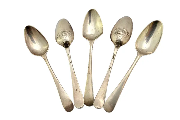 Five silver picture back bottom marked teaspoons, the backs of the bowls decorated with wheat sheaves and PLENTY, probably last quarter of the 18th ce