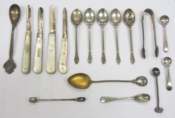 A George III silver caddy spoon, with a decorated handle, by Joseph Taylor, Birmingham 1807, three further silver caddy spoons, four silver bladed mot