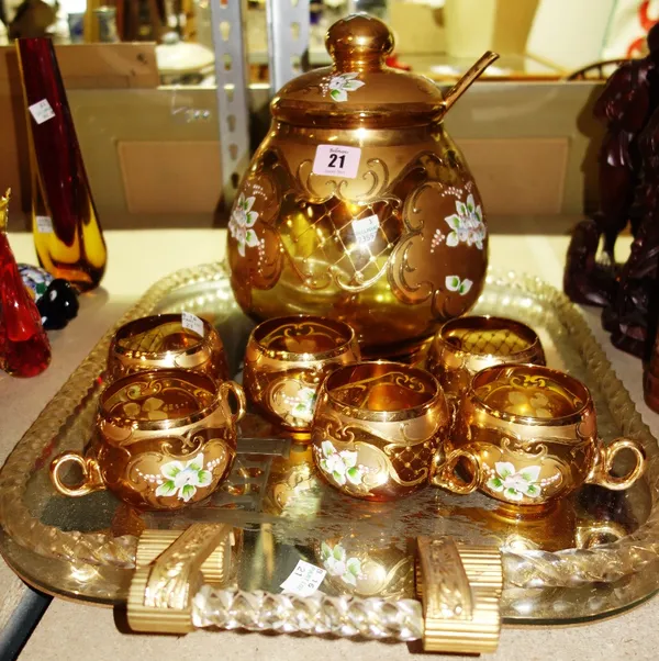 A 20th century glass tray and a gilt and glass punch set.