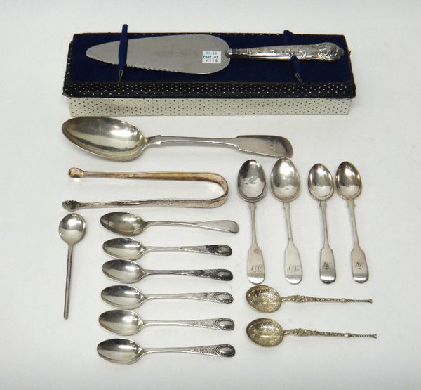 Silver flatware, comprising; a pair or Irish sugar tongs, having bright cut engraved decoration, circa 1800, a Victorian fiddle pattern tablespoon, tw