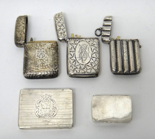 A silver vesta case of rectangular form with planished decoration, by S Mordan & Co, London 1900, together with two further silver vestas with engrave