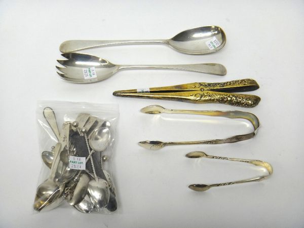 A group of silver wares, comprising; a pair of silver gilt glove stretchers detailed 'Tiffany & Co', a pair of silver salad servers, Sheffield 1926, t