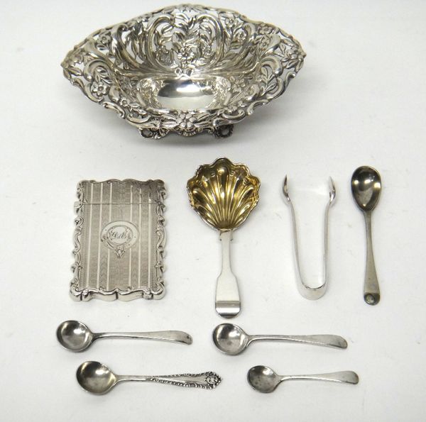 Silver, comprising; a Victorian shaped rectangular visiting card case, with engine turned decoration by George Unite, Birmingham 1875, a Victorian sha