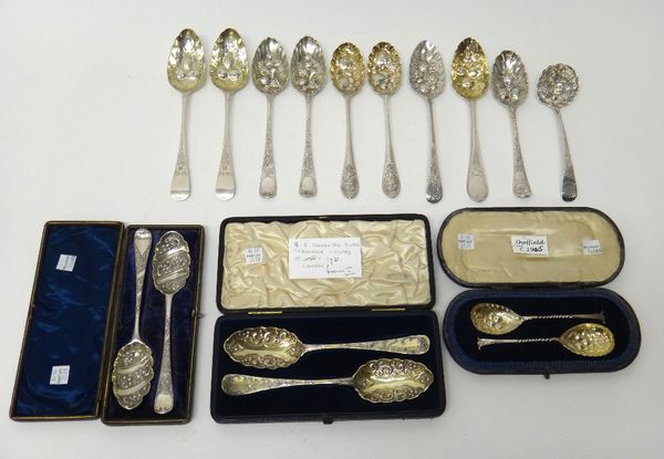 A collection of berry spoons, comprising; a pair of tablespoons, London 1751, cased, a pair of preserve spoons, Sheffield 1905, cased, another pair ca