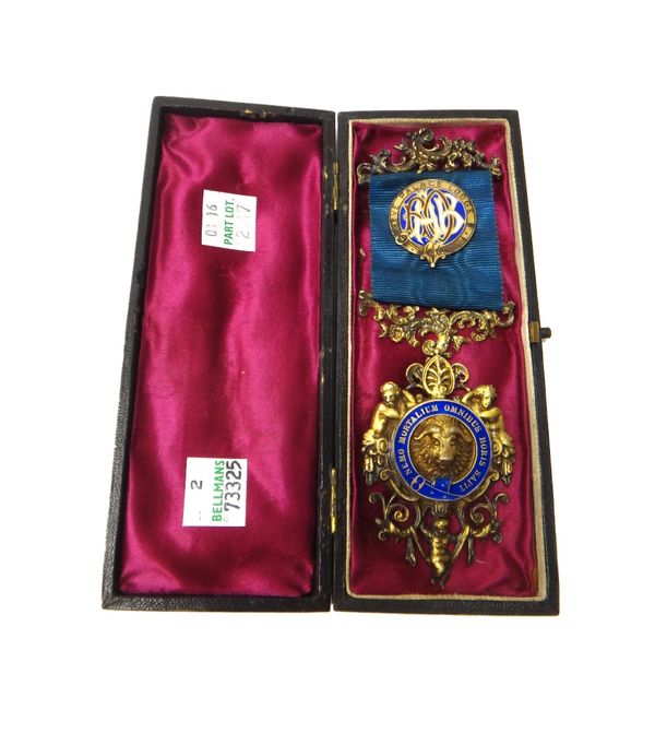 A Victorian silver gilt and blue enamelled R.A.O.B. Jewel awarded to Primo R.R. Giles, in recognition of valuable services, April 26 1895, with the or