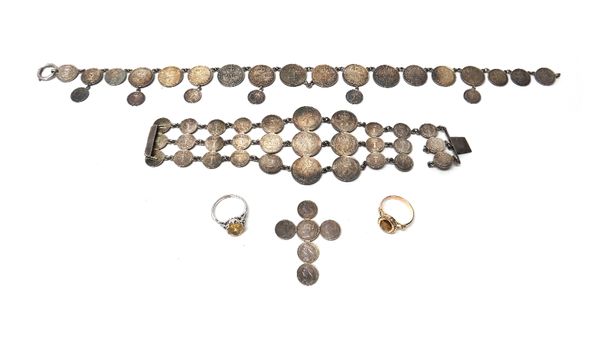 A collar necklace, a bracelet and a pendant cross made from mostly Victorian silver Maundy coins, various dates, a gold ring mounted with an oval cut