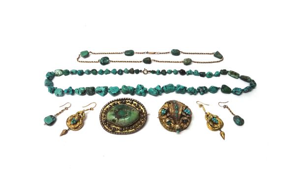 A collection of turquoise set jewellery, comprising; a Victorian circular brooch, having foliate motifs, fitted with a safety chain, a pair of Victori