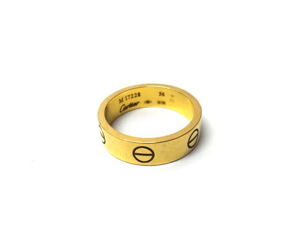 An 18ct gold Cartier Love ring, inscribed 'Cartier M17228 56 750 *170', ring size O and a half, gross weight 7.5gms.